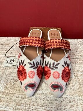 HAUTE HIPPIE 8 Floral Embroidered  Strappy Boho Pointy Flat Slides Multi Color
